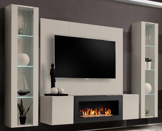 Wohnwand Option in Kaschmir Schrankwand 4-teilig h�ngend mit Ethanol Kamin und LED, 260 x 170 cm