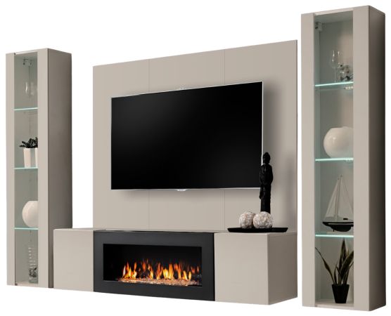 Wohnwand Option in Kaschmir Schrankwand 4-teilig h�ngend mit Ethanol Kamin und LED, 260 x 170 cm