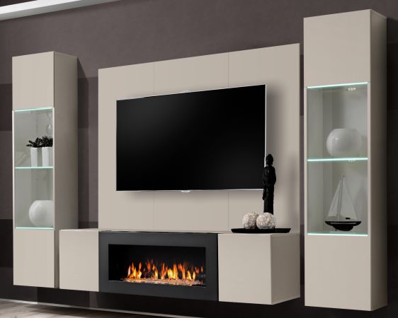 Wohnwand Option in Kaschmir Schrankwand 4-teilig h�ngend mit Ethanol Kamin und LED, 260 x 170 cm