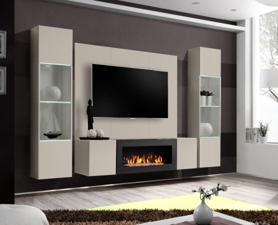 Wohnwand Option in Kaschmir Schrankwand 4-teilig h�ngend mit Ethanol Kamin und LED, 260 x 170 cm