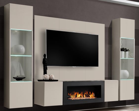 Wohnwand Option in Kaschmir Schrankwand 4-teilig h�ngend mit Ethanol Kamin und LED, 260 x 170 cm