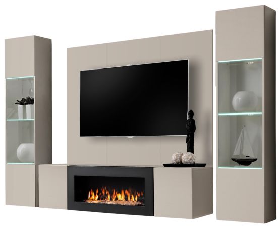 Wohnwand Option in Kaschmir Schrankwand 4-teilig h�ngend mit Ethanol Kamin und LED, 260 x 170 cm