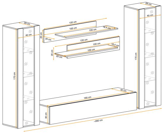 Wohnwand Option in Kaschmir Schrankwand 5-teilig h�ngend mit LED und Push-To-Open, 260 x 170 cm
