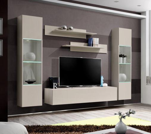 Wohnwand Option in Kaschmir Schrankwand 5-teilig h�ngend inkl. LED und Push-To-Open, 260 x 170 cm