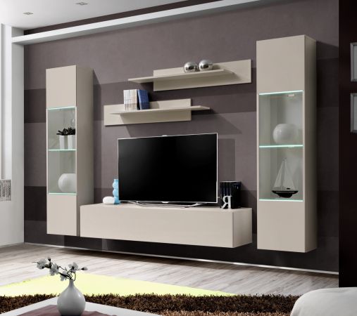 Wohnwand Option in Kaschmir Schrankwand 5-teilig h�ngend inkl. LED und Push-To-Open, 260 x 170 cm