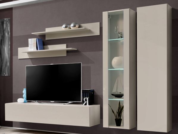 Wohnwand Option in Kaschmir Schrankwand 5-teilig h�ngend inkl. LED und Push-To-Open, 260 cm