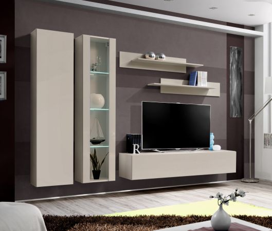 Wohnwand Option in Kaschmir Schrankwand 5-teilig h�ngend inkl. LED und Push-To-Open, 260 cm