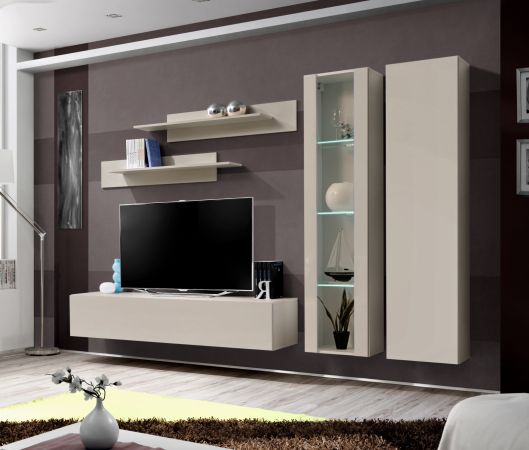 Wohnwand Option in Kaschmir Schrankwand 5-teilig h�ngend inkl. LED und Push-To-Open, 260 cm