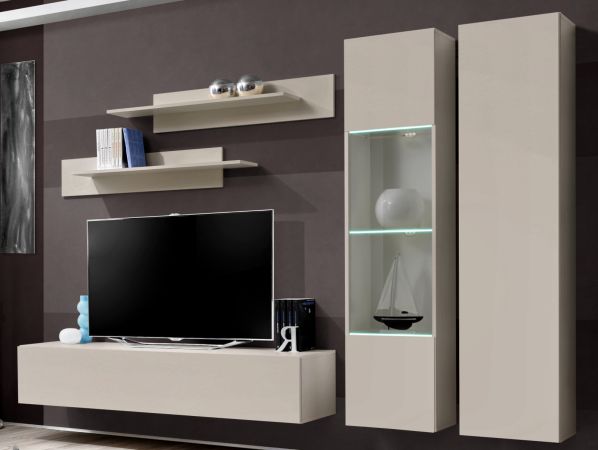 Wohnwand Option in Kaschmir Schrankwand 5-teilig h�ngend inkl. LED und Push-To-Open, 260 x 170 cm