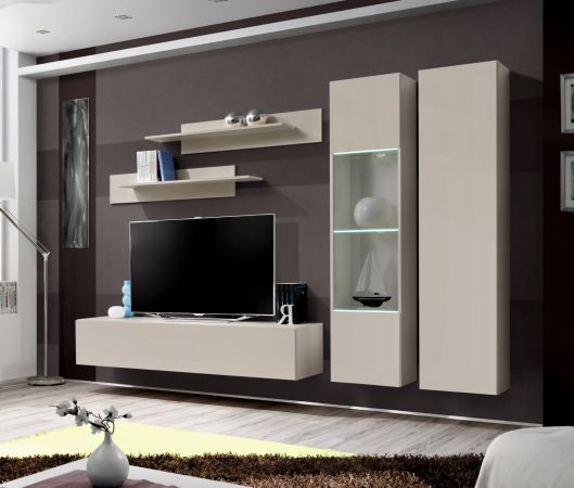 Wohnwand Option in Kaschmir Schrankwand 5-teilig h�ngend inkl. LED und Push-To-Open, 260 x 170 cm
