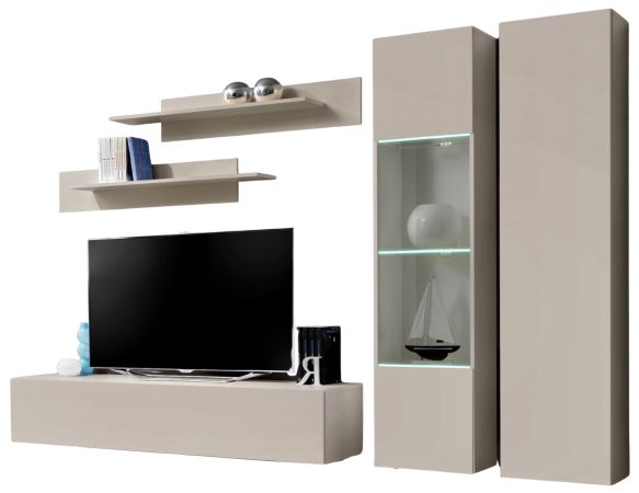 Wohnwand Option in Kaschmir Schrankwand 5-teilig h�ngend inkl. LED und Push-To-Open, 260 x 170 cm