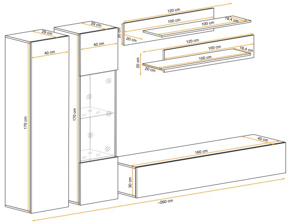 Wohnwand Option in Kaschmir Schrankwand 5-teilig h�ngend inkl. LED und Push-To-Open, 260 x 170 cm