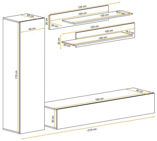 Wohnwand Option in Kaschmir Schrankwand 4-teilig h�ngend mit Push-To-Open, 210 x 170 cm