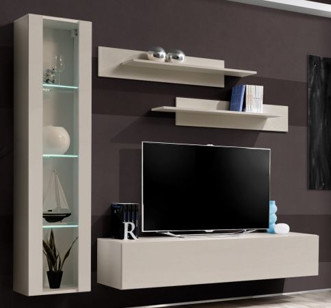 Wohnwand Option in Kaschmir Schrankwand 4-teilig h�ngend mit LED und Push-To-Open, 210 x 170 cm