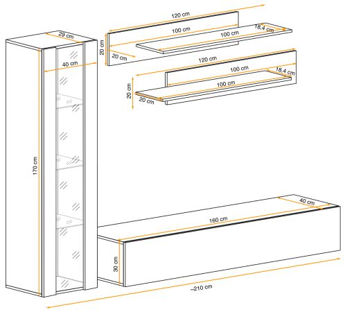 Wohnwand Option in Kaschmir Schrankwand 4-teilig h�ngend mit LED und Push-To-Open, 210 x 170 cm