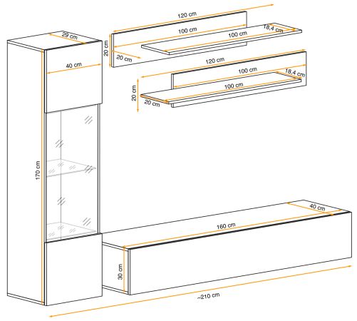 Wohnwand Option in Kaschmir Schrankwand 4-teilig h�ngend mit Push-To-Open, 210 x 170 cm