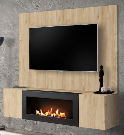 TV-Lowboard Set Option in Jackson Eiche, Flat-TV Unterschrank h�ngend mit Ethanol Kamin und Akustikpaneel,160 cm