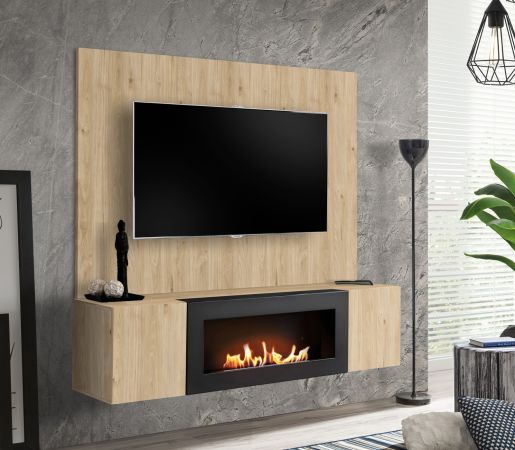 TV-Lowboard Set Option in Jackson Eiche, Flat-TV Unterschrank h�ngend mit Ethanol Kamin und Akustikpaneel,160 cm