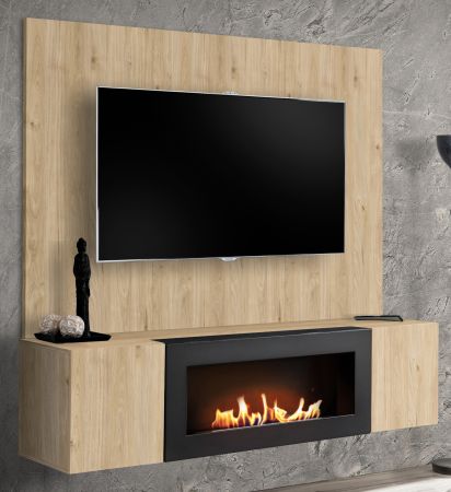 TV-Lowboard Set Option in Jackson Eiche, Flat-TV Unterschrank h�ngend mit Ethanol Kamin und Akustikpaneel,160 cm