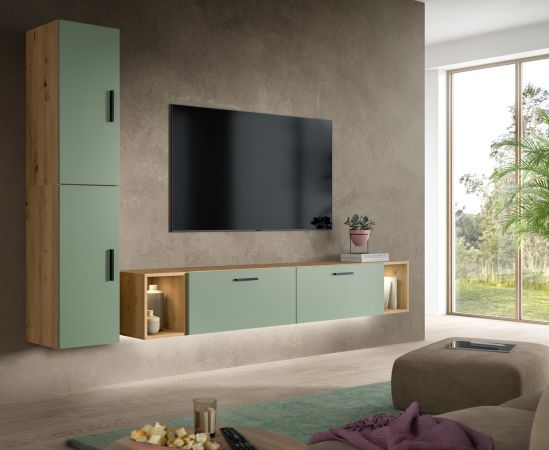 Wohnwand Onawa in Gr�n und Artisan Eiche Wohnkombination h�ngend / stehend 249 x 184 cm