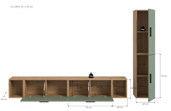 Wohnwand Onawa in Gr�n und Artisan Eiche Wohnkombination h�ngend / stehend 249 x 184 cm