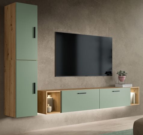 Wohnwand Onawa in Gr�n und Artisan Eiche Wohnkombination h�ngend / stehend 249 x 184 cm