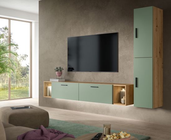 Wohnwand Onawa in Gr�n und Artisan Eiche Wohnkombination h�ngend / stehend 249 x 184 cm