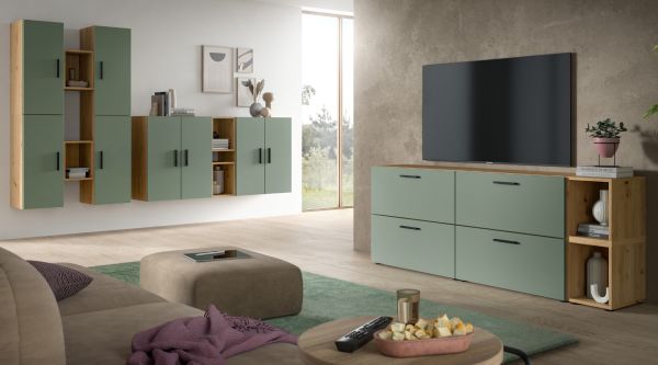 Wohnwand Onawa in Gr�n und Artisan Eiche Wohnkombination h�ngend / stehend 249 x 184 cm