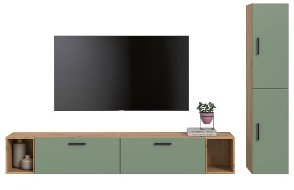 Wohnwand Onawa in Gr�n und Artisan Eiche Wohnkombination h�ngend / stehend 249 x 184 cm