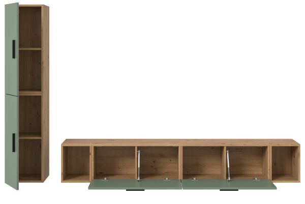 Wohnwand Onawa in Gr�n und Artisan Eiche Wohnkombination h�ngend / stehend 249 x 184 cm