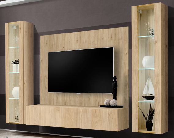 Wohnwand Option in Jackson Eiche Schrankwand 4-teilig h�ngend mit LED, 260 x 170 cm