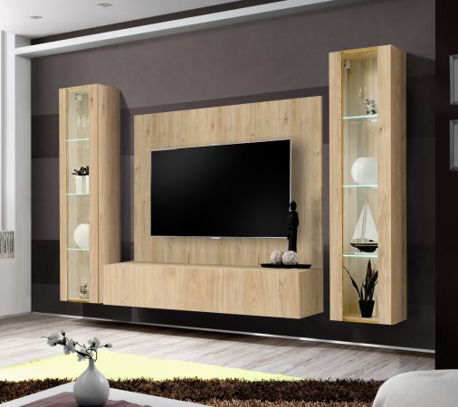 Wohnwand Option in Jackson Eiche Schrankwand 4-teilig h�ngend mit LED, 260 x 170 cm