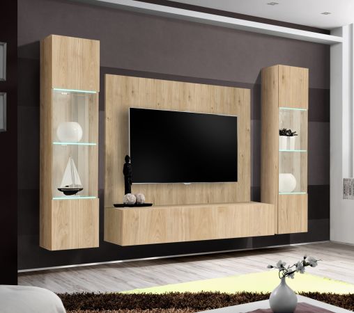 Wohnwand Option in Jackson Eiche Schrankwand 4-teilig h�ngend mit LED und Push-To-Open, 260 x 170 cm