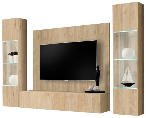 Wohnwand Option in Jackson Eiche Schrankwand 4-teilig h�ngend mit LED und Push-To-Open, 260 x 170 cm