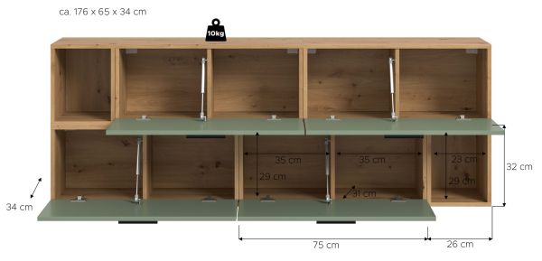 Sideboard Onawa in Gr�n und Artisan Eiche Kommode h�ngend / stehend 176 cm, Soft-Close