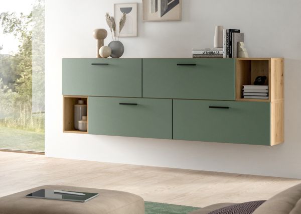 Sideboard Onawa in Gr�n und Artisan Eiche Kommode h�ngend / stehend 176 cm, Soft-Close
