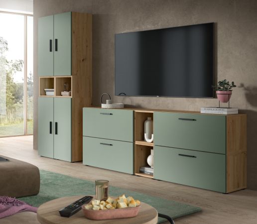 Sideboard Onawa in Gr�n und Artisan Eiche Kommode h�ngend / stehend 176 cm, Soft-Close