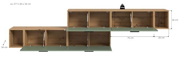 Sideboard Onawa in Gr�n und Artisan Eiche Stauraumschrank 277 cm, Soft-Close