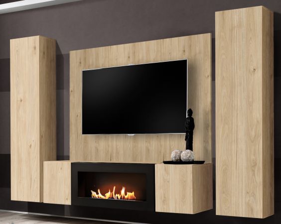Wohnwand Option in Jackson Eiche Schrankwand 4-teilig h�ngend mit Ethanol Kamin, 260 x 170 cm