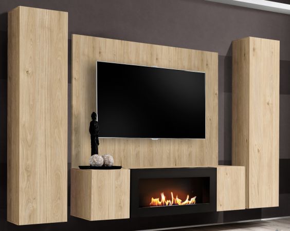 Wohnwand Option in Jackson Eiche Schrankwand 4-teilig h�ngend mit Ethanol Kamin, 260 x 170 cm