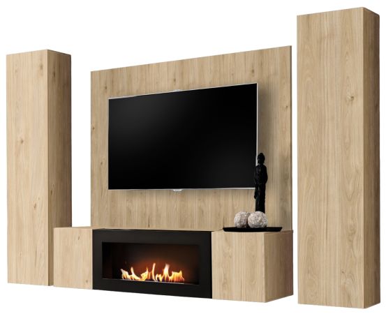 Wohnwand Option in Jackson Eiche Schrankwand 4-teilig h�ngend mit Ethanol Kamin, 260 x 170 cm