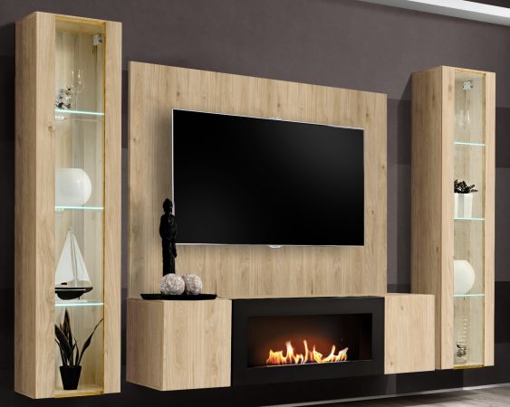 Wohnwand Option in Jackson Eiche Schrankwand 4-teilig h�ngend mit Ethanol Kamin und LED, 260 x 170 cm