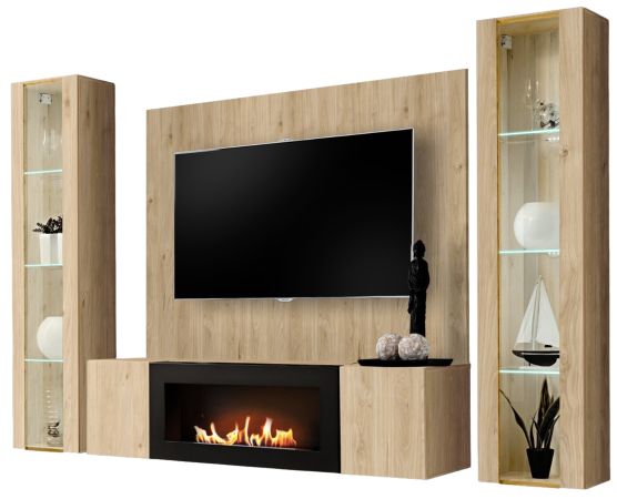 Wohnwand Option in Jackson Eiche Schrankwand 4-teilig h�ngend mit Ethanol Kamin und LED, 260 x 170 cm