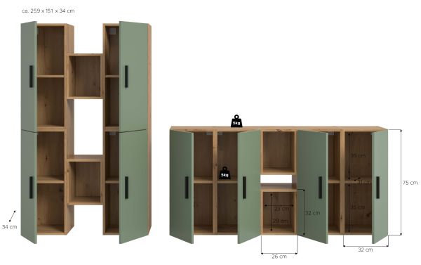 Wohnwand Onawa in Gr�n und Artisan Eiche Wohnkombination h�ngend / stehend 259 x 184 cm