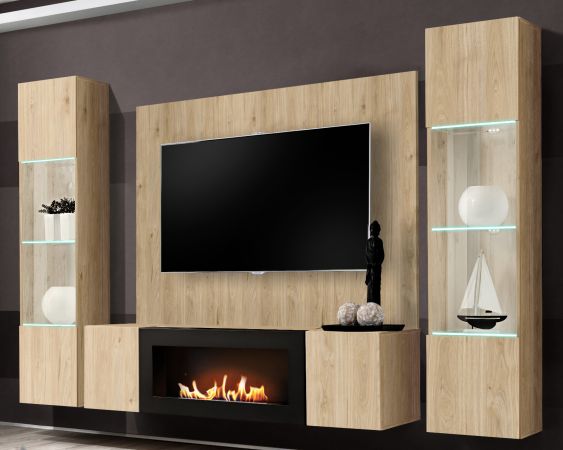 Wohnwand Option in Jackson Eiche Schrankwand 4-teilig h�ngend mit Ethanol Kamin und LED, 260 x 170 cm