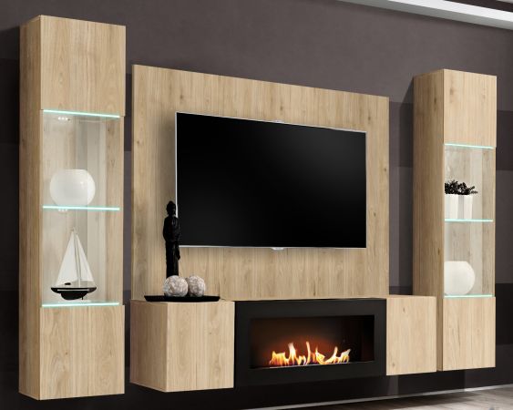 Wohnwand Option in Jackson Eiche Schrankwand 4-teilig h�ngend mit Ethanol Kamin und LED, 260 x 170 cm