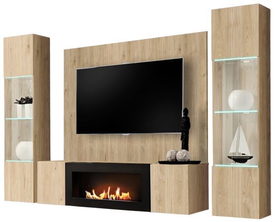 Wohnwand Option in Jackson Eiche Schrankwand 4-teilig h�ngend mit Ethanol Kamin und LED, 260 x 170 cm
