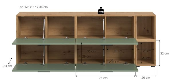 TV-Lowboard Onawa in Gr�n und Artisan Eiche TV-Unterteil h�ngend / stehend 176 cm, Soft-Close