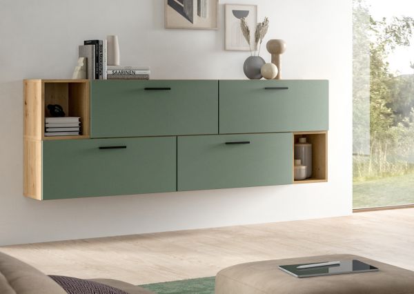 TV-Lowboard Onawa in Gr�n und Artisan Eiche TV-Unterteil h�ngend / stehend 176 cm, Soft-Close