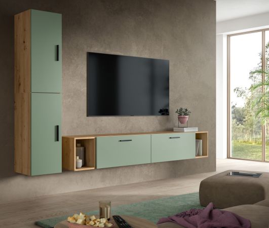 TV-Lowboard Onawa in Gr�n und Artisan Eiche TV-Unterteil h�ngend / stehend 176 cm, Soft-Close